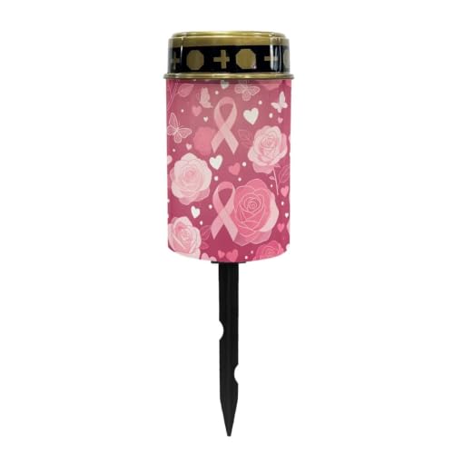 Image of Poceacles Solar Lights Outdoor Solar Powered Outdoor Cemetery Stake Candle Grave Lamp Landscape Lighting Waterproof Grave Flameless Candle, Pink Ribbon Rose Butterfly