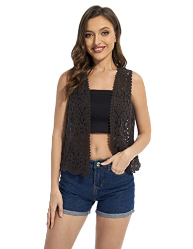 Image of Womens Floral Crochet Lace Trim Sleeveless Open Front Vest Cardigan