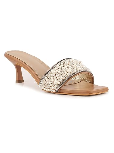 Image of AXIUM Pearl Embellished Beige Heels, 2.5-Inch