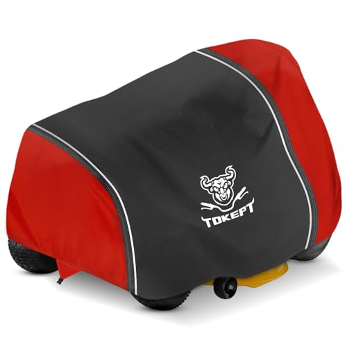 Tokept Riding Lawn Mower Cover, Heavy Duty 300D Waterproof Lawn Tractor Cover, Fits Decks Up to 54", for John Deere EGO Toro Craftsman Husqvarna Honda, with Reflective Strips, Black&Red