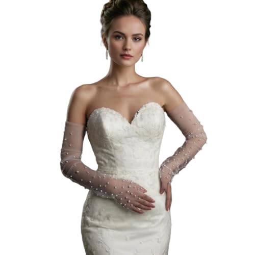 Eiaork Womens Sexy Sheer GlovesLong Tulle Pearl Glove Elbow Length Party Gloves Costumes Bridal (Off White-27 Long)