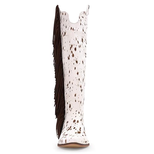 Cow Print Western Boots for Women Fringe Tall Cowboy Boots All Season Mid Heel Country Style Riding Boots with Side Zipper2