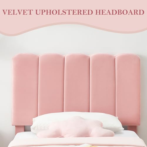 GarveeHome Twin Bed Frame, Velvet Upholstered Platform Bed with Wave Headboard for Girls/Kids, Easy Assembly, Wooden Slats Support, No Box Spring Needed, Pink
