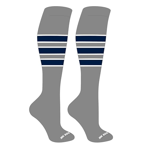 Mk Socks Striped Knee High Baseball, Football Socks (C) Grey, White, Navy