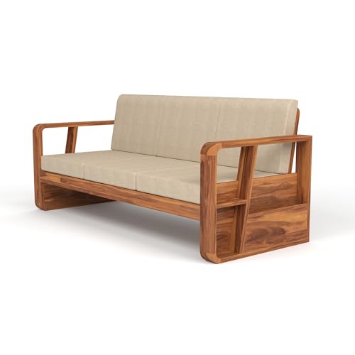 Image of Sheesham Wooden 3 Seater Sofa for Living Room | Solid Wood Sofa with Side Newspaper Holder | Rosewood Sofa Set for Home & Office | Lounge (Honey Finish, 3 Seater)