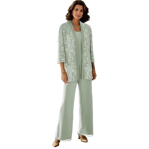 3 Pieces Mother of The Bride Pantsuits with Jackets Sparkly Sequin 3/4 Sleeve Lace Formal Pant Suits for Women
