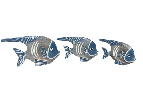 Set de 3 esculturas de peces en madera tallada a mano