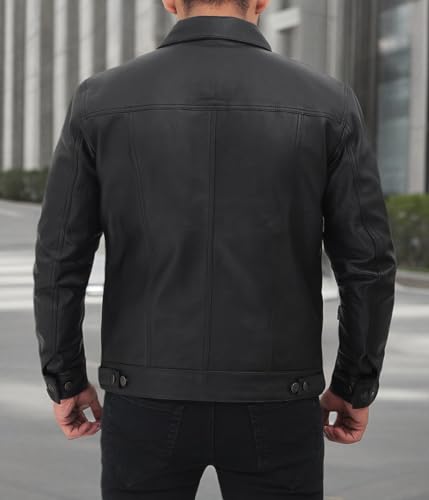 Image of fjackets Real Lambskin Vintage Trucker Leather Jacket Men - Shirt Collar Style Leather Jackets For Mens