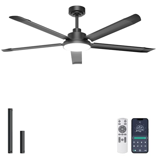 Ohniyou Ventilatore da soffitto da 152 cm con luce, ventilatori da soffitto industriali con telecomando/app, 5 pale in alluminio, motore DC silenzioso, ventilatore per terrazza esterna, garage, nero