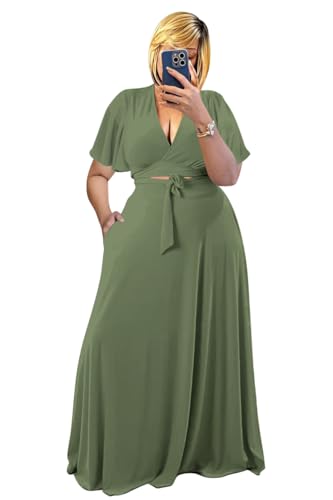 Image of Plus Size Women's 2 Piece Outfits Casual Short Ruffle Sleeve Wrap Crop Top Maxi Long Dress Flowy Matching Sets