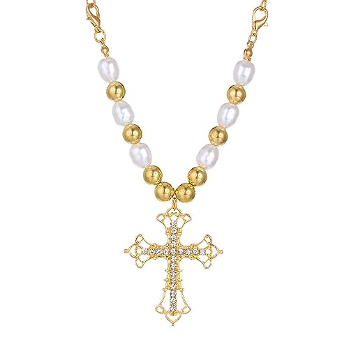 jtkhaweh Halskette Ketten Schmuck Herren Frauen Anhänger Necklace Vintage Perlenkreuz Anhänger Punk Mehrlagige Halskette Kc金9803
