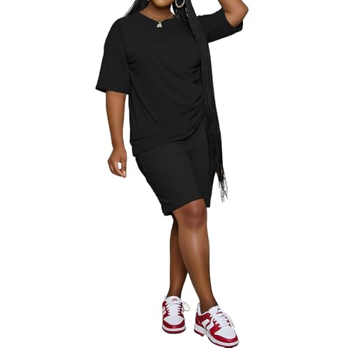 PINSV 2 Piece Sets for Women Summer Casual Short Sleeve Top and Short Workout Jogger Sets Black XXL