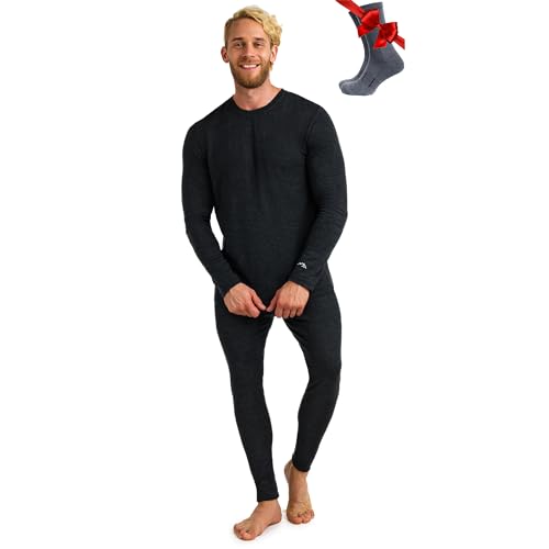 Merino.tech 100% Merino Unterwäsche Herren Set - Leicht Thermounterwäsche Merinowolle, Langarm Shirt und Hose + Wandersocken aus Merinowolle (X-Large, 165 LITE Charcoal Grey)