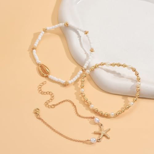 Image of Ankle Bracelets for Women Waterproof Beach Jewelry for Women Elastic Beaded Anklets Boho Seashell Pearl Starfish Anklets for Women Foot Jewelry