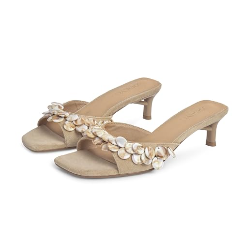 DOEYG Sandales à talons en daim pour femme - Sandales habillées confortables à bout carré ouvert - Sandales d'été à enfiler à talons avec coque, beige, 37.5 EU