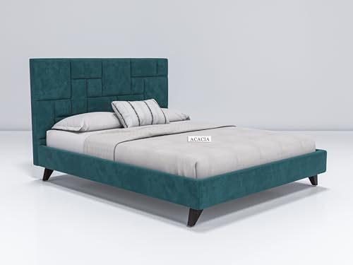Image of Acacia Modern Upholstered King Size Bed for Bedroom | Wooden Double Bed | Platform Cot Bed with Upholstery Premium Fabric | 6.5 x 6 Ft, Sheesham Solid Wood | Brown, Turquoise