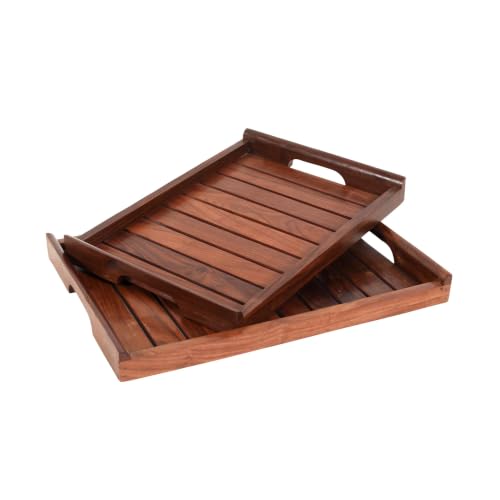 Image of Aakriti Art Creations Handcrafted Sheesham Wood Serving Tray Set of 2 for Dining Table | Wooden Tea & Snack Serving Trays | Kitchen Accessories | Indian Handicraft | Brown