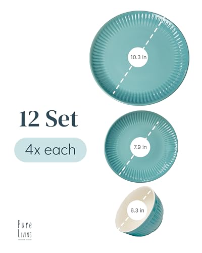 Image of Stoneware Dinnerware Set for 4 People HYGGE 12-Piece - Elegant Scandi Design - Premium Dish Set - Bowl and Plate Set - Tableware for 4 People in a Ribbed Design - Pure Living in Green