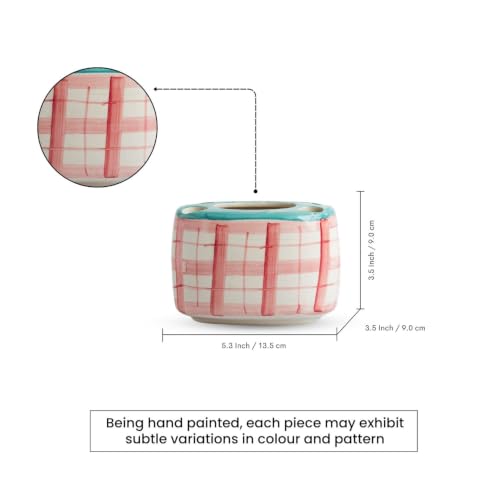 Image of ExclusiveLane 'Gulabi Courtyard' Hand-Painted Ceramic Bathroom Accessories Set of 2 (Liquid Soap Dispenser for Wash Basin, Paste & Toothbrush Holder) |Handwash Dispenser |Bathroom Organiser Set