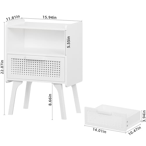 Image of Lerliuo Rattan Nightstands Set of 2, Side Table with Drawer Open Shelf, Cane Accent Bedside End Table with Solid Wood Legs, Mid Century Modern Night Stand for Bedroom, Dorm and Small Spaces (White)