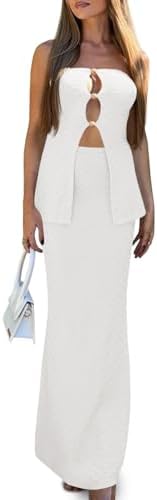 Wenrine Two Piece Sets for Women Summer Bodycon Sexy Outfit Cutout Tube Tops Knit Maxi Skirt Sets Clubwear Dresses