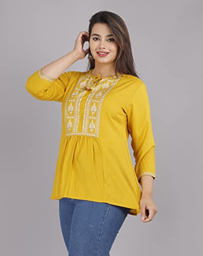 Image of Shiva Fab Short Kurti for Women | Embroidered Straight Rayon Kurta | Round Neck Full Sleeves Short Kurti for Women's