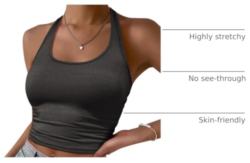 Image of Ekouaer Women Halter Top Backless Scroop Neck Slim Stretchy Ribbed Knit Camisole Crop Tops S-XXL