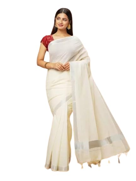 Image of Women's Kerala Off white cotton saree with running blouse| Onam Saree | Vishu Saree | Traditional White Saree