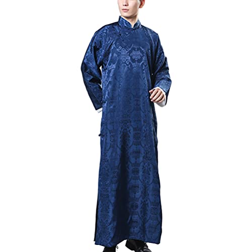 Deluxe Men's Chinese Traditional Cheongsam Crosstalk Coat Kung Fu Long Robe Suit Wushu Mandarin Collar Gown Fancy Dress (M, 33-Navy)