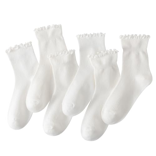 6 Pairs Ruffle Socks for Women Girls,Casual Cute Ankle Socks Breathable Knit Cotton Warm Soft Frilly Crew Socks