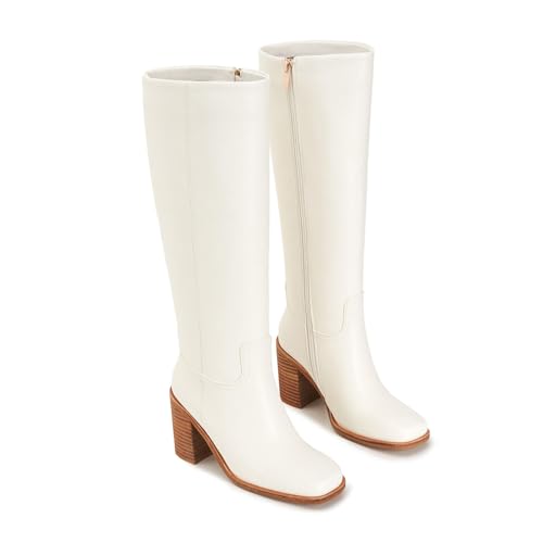 AITTA Women’s Knee High Boots – Fits Calf Sizes 13.3″–16.6″ (Sizes 5-12) | Ideal for Fuller Calves, Not for Extra-Wide Calves | Comfort Block Heel, Square Toe, Side Zip, White, Size 9