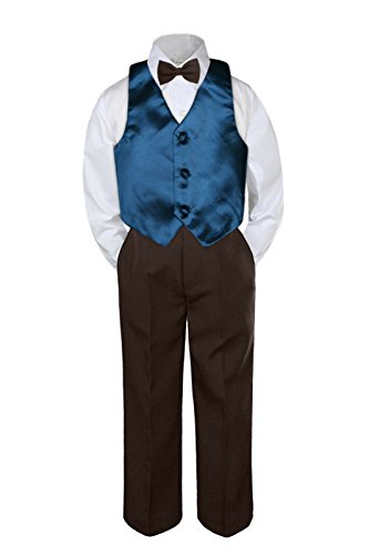 4pc Baby Toddler Kid Boys Gold Vest Brown Pants Bow Tie Suits Set (4T)