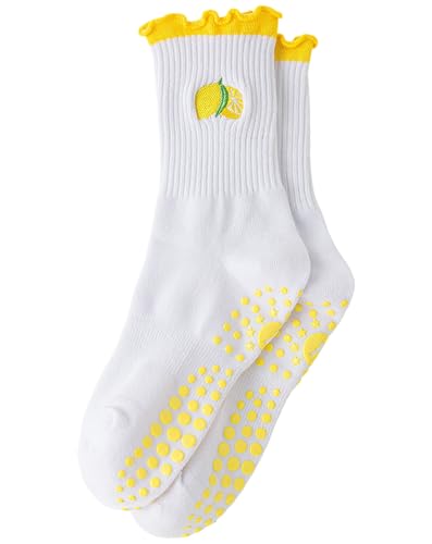 Image of Yawlsow Cute Pilates Grip Socks for Women Ruffle Frilly Yoga Socks Non Slip Cotton Crew Grippy Sock for Barre Workout