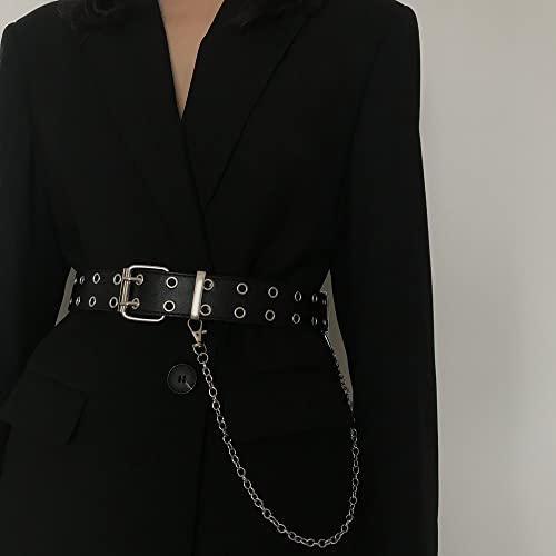 Double-Grommet-Belt For Women - Pu-Leather Punk Waist-Belts With Detachable Chain With Punk-Rock-Chain Double-Prong-Leather-Belt For Womens Double Grommet Belt Eyelet Belts With Chain Black #TOP3