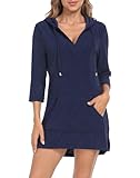 HDE Women's Terry Cloth Beach Cover Up Tunic Dress Swimsuit Coverup with Hood Maritime Navy Blue - L