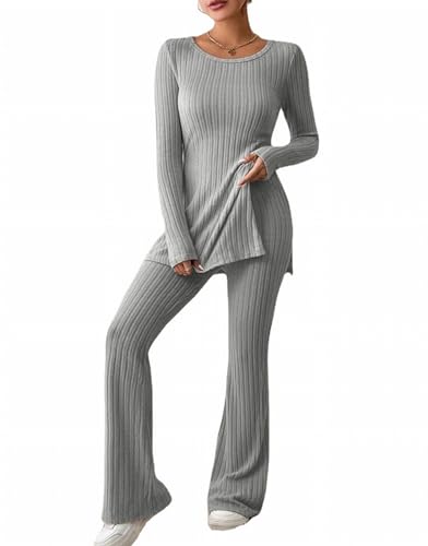 MSIYOW Damen Zweiteiler Strickanzug Top und Hosen Langarm Gerippter Strickpullover Lange Schlaghose Sportanzug Casual Set für Freizeitoutfits (S, C Hellgrau)
