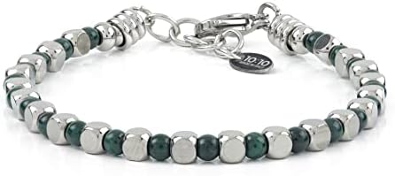10:10 Bracciale uomo donna, braccialetto pietre forma sferica di 4 mm intervallate da cubetti in acciaio inox della dimensione 4×4 mm, i braccialetti pietre dure sono regolabili, Made in Italy
