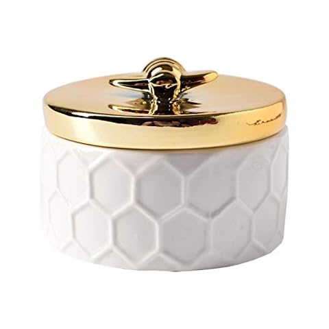 Kisbeibi Bee Jewellery Box Small Gift Box for Girls Women,Golden Ceramic Jewelry Storage Tank,Round Jewellery Storage Organiser Case Bowl Trinket Pot for Earring Necklace Rings Cosmetic Accessories,S Cover