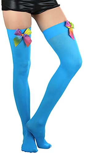 Image of ToBeInStyle Women's Opaque Long Thigh High Stockings w /Decorative Front Satin Bow