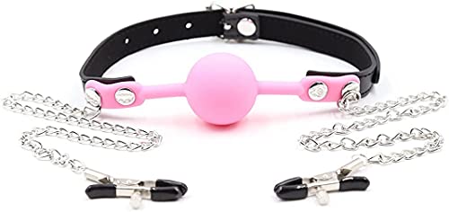 Adjustable Belt Length Women Punk Goth Clamps Black Leather Collar Choker Necklace with Pink Mouth Ball Silicone Noose Non-Piercing with Nipple Clamps Metal Nipple Cover Chain for Women JDH-052