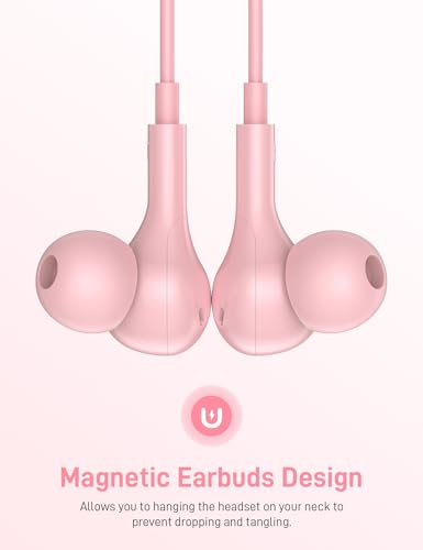 Image of iMangoo for Apple MFi-Certified Headphones for Lightning Wired Earbuds Magnetic Ear Buds with HiFi Bass,3 Ear Tips Mic Corded Earphones for Gym, Commuting for iPhone 14 Plus 13 12 11 Pro Max Pink