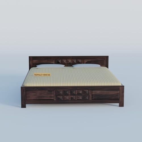 Image of Solid Sheesham Wood Queen Size Bed Without Storage | Double Bed Cot for Bedroom | Palang Double Bed for Hotels | Wooden Double cot for Living Room | Rosewood, Walnut Finish