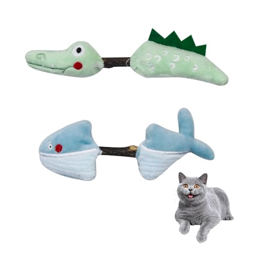 Andiker Silvervine Chew Sticks Cat Toy, 2PCS Animal Shape Kitten Teething Toys with Silvervine Sticks for Indoor Cats, Cute Cat Molar Sticks Plush Toy for Cat Teeth Cleaning Chewing (Crocodile+Whale)