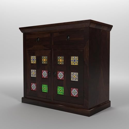 Image of Solid Sheesham Wood Sideboard Cabinet with Doors 2 Rack & 2 Drawers | Wooden Storage Cabinet for Living Room & Dining Room (Walnut Finish)