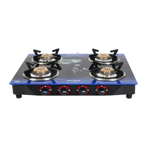 MILTON Premium 4 Burner Blue Manual Ignition Glass Top Gas Stove,...