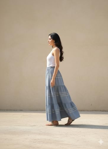 Image of Payal Creation Women's Rayon Flared Long Skirt with Gota Lace | Ethnic Maxi Skirt for Girls & Women | Festive Casual Flowy Comfortable Skirt | Free Size White Long Skirt