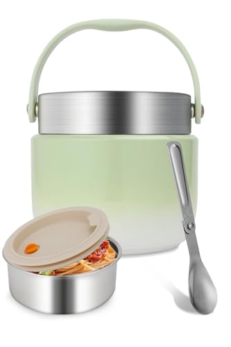 Ezvsevuo Termo Comida Caliente 1200ml, Térmico para Alimentos Acero Inoxidable, Fiambrera Térmica con Cuchara Plegable, Termo de Comida para Adultos y Niños (Verde)