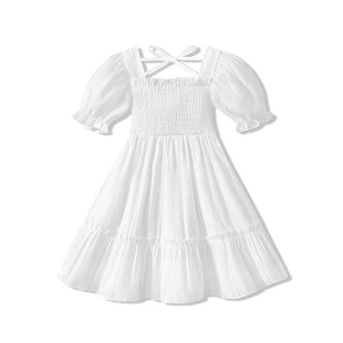 Megeoly Baby Girl Summer Dress Toddler Girls Puff Sleeve Smocked Boho Princess Dresses Casual Beach Sundress (US Age 3 Years 4 Years White)
