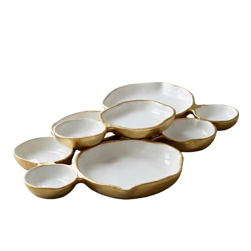 Clustered Serving Bowl Nine-Grid Design Gold Charcuterie Tray Elegant Snack Platter Multipurpose Entertaining Centerpiece for Parties Appetizers Nuts Fruit (White)