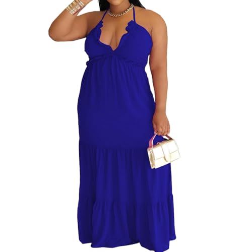 Image of TOPSRANI Womens Sleeveless Maxi Dress Halter Casual Backless Smocked Tiered Ruffle Flowy Sexy Slip Sling Strap Dresses